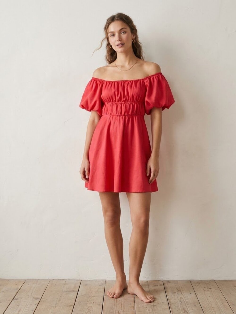 Red Off the Shoulder Dress Size Large Puff Sleeve Silky